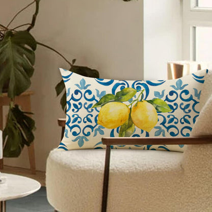 Blue Lemon Lumbar Decorative Throw Pillow Cover 12 x 20, Rectangular Amalfi Coast Citrus Italy Tile Pattern Outdoor Home Decor, Summer Mediterranean Couch Cushion Case Housewarming Gift