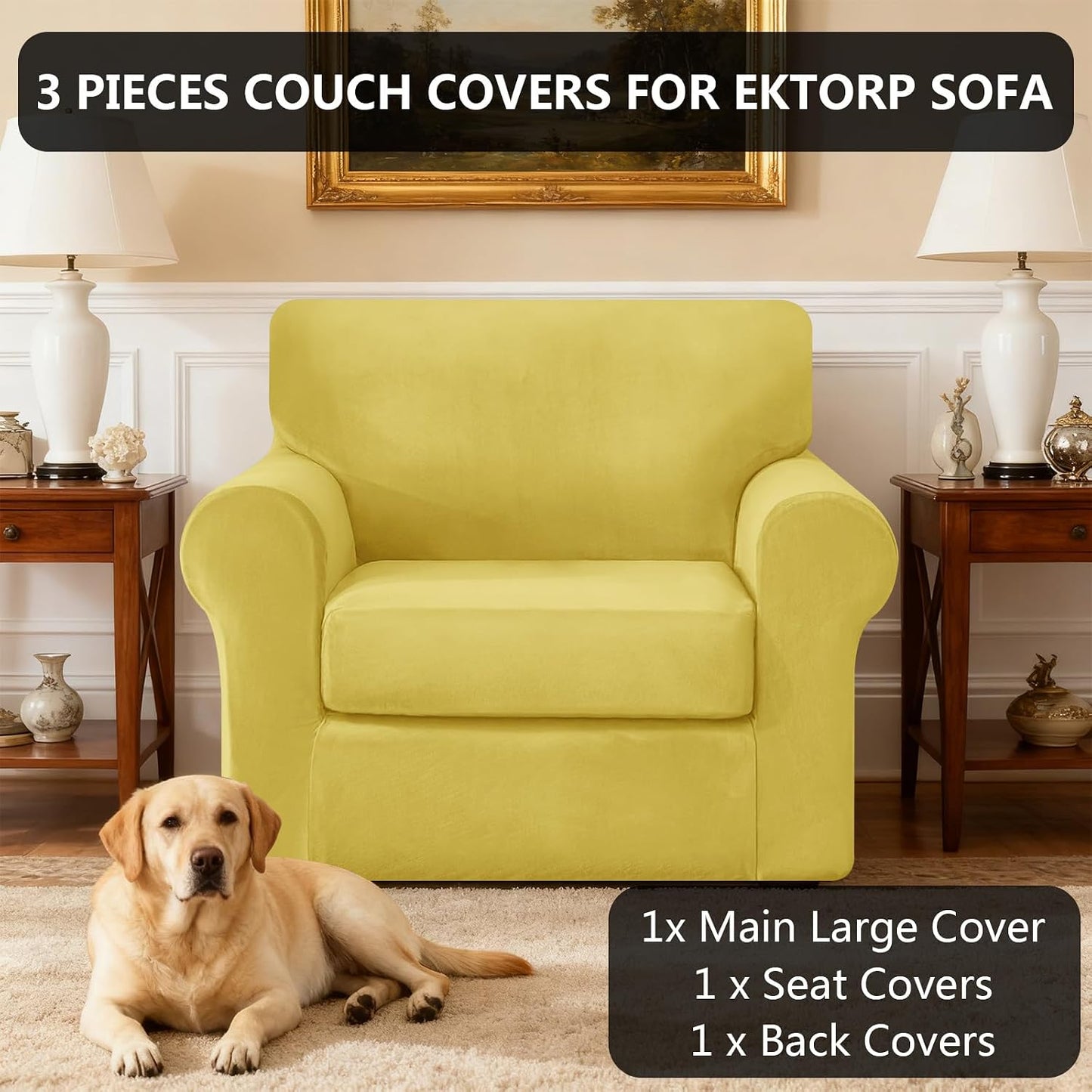 UNBBRRL 3 Pieces Couch Covers for Sofa, Stretch Velvet Armchair Slipcover with 1 Seat Cushion Cover and 1 Backrest Cover for Ektorp Settee Replacement (Lemon Yellow,1 Seater)