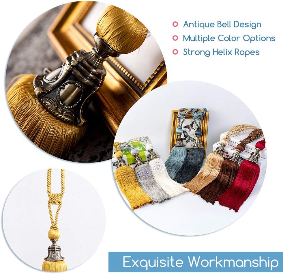 Melodieux Decorative Curtain Tiebacks Antique Tassels Holdbacks - Home Office Window Drapery Fasteners Fringe Ropes, Set of 2 (Yellow)