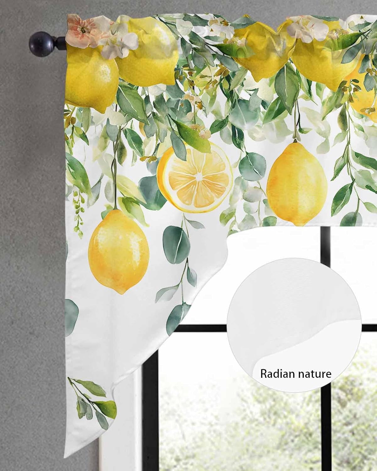 Yellow Lemon Swag Valances for Windows, Summer Fruit Swag Curtains for Kitchen, Living Room, Green Eucalyptus Leaf Flower Small Window Treatments Drapes Curtains for Cafe, Bathroom, Bedroom, 56"x36"