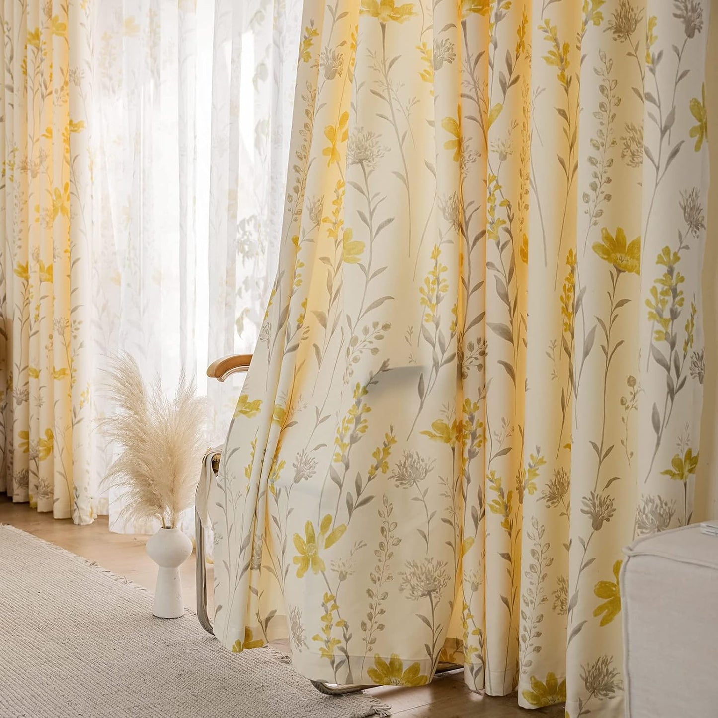 SUOUO Mustard Yellow Floral Curtain for Living Room Boho Chenille Patterned Grey Leaf 84 Inches Long Window Drapes for Bedroom Dining Sunflower 2 Panels