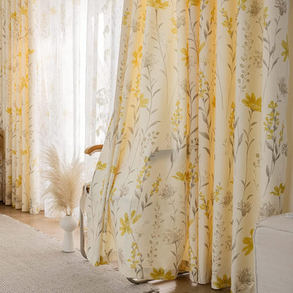 SUOUO Mustard Yellow Floral Curtain for Living Room Boho Chenille Patterned Grey Leaf 84 Inches Long Window Drapes for Bedroom Dining Sunflower 2 Panels