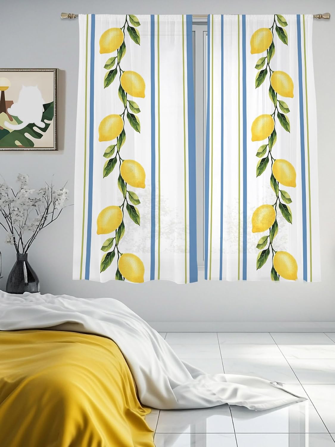 Lemon Striped Sheer Curtains 72 Inch Length 2 Panels, Yellow Fruit Blue White Geometric Light Filtering Voile Drapes for Living Room Bedroom Window Treatments, Rod Pocket Privacy Semi Sheer Curtains