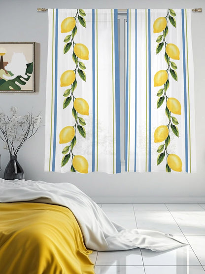 Lemon Striped Sheer Curtains 72 Inch Length 2 Panels, Yellow Fruit Blue White Geometric Light Filtering Voile Drapes for Living Room Bedroom Window Treatments, Rod Pocket Privacy Semi Sheer Curtains