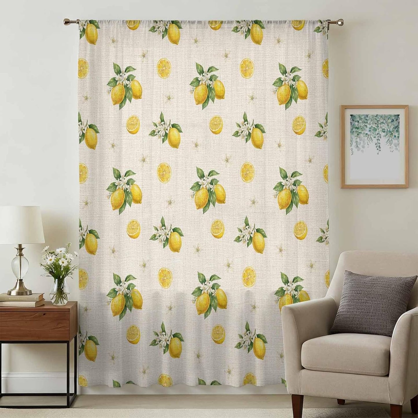 Sheer Curtains 63 Inches Long for Living Room/Bedroom, Cute Lemon Summer Rod Pocket Voile Kitchen Curtains & Drapes Window Treatment 1 Panel, 52"W x 63"L Farmhouse Floral Retro Linen Texture