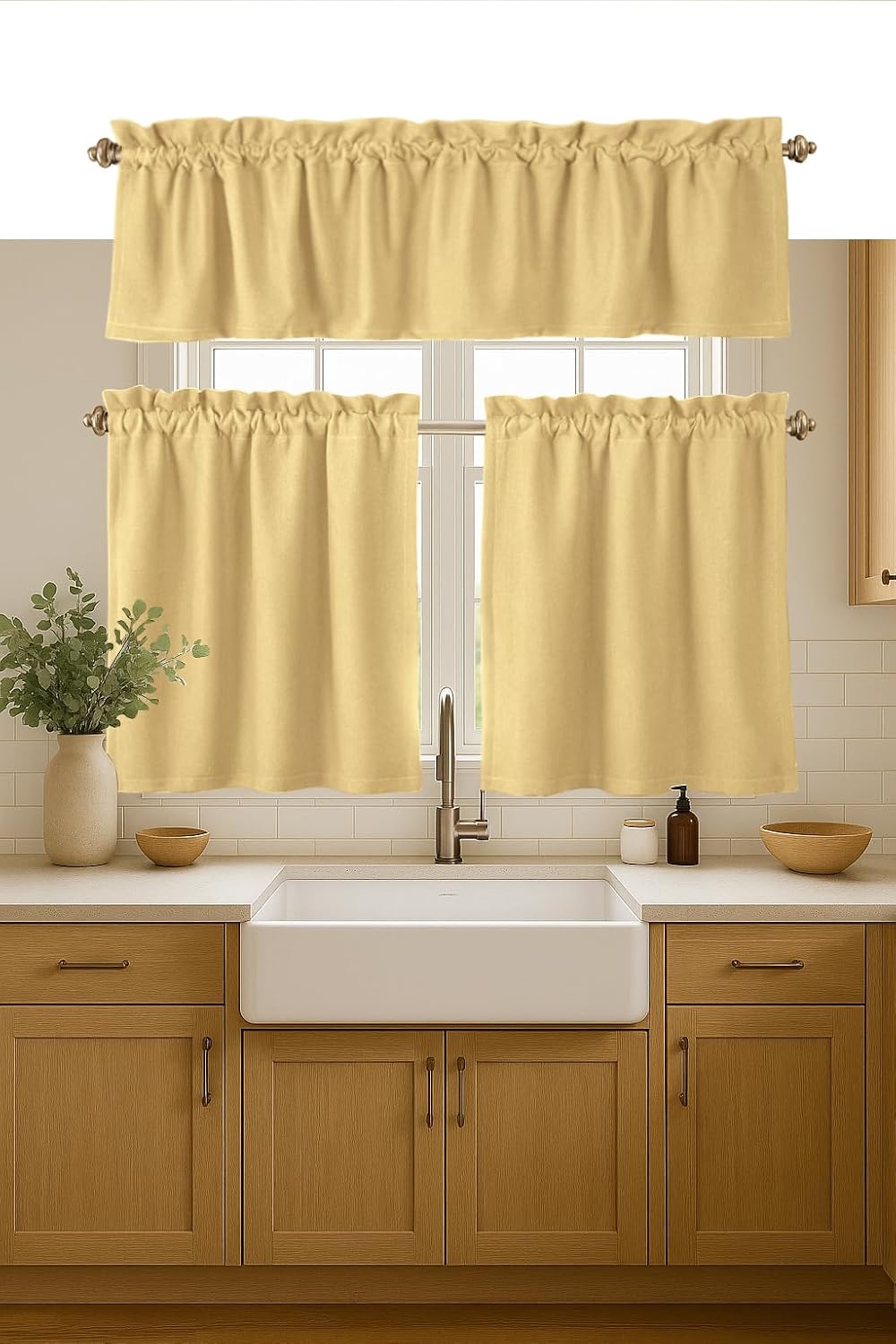 Native Fab 3 Piece Window Curtain Tiers 26"x36" and Valance 54"x18" Set - Rod Pocket - Semi Sheer - Short Curtain for Kitchen, Cafe, Living Room - Pale Yellow