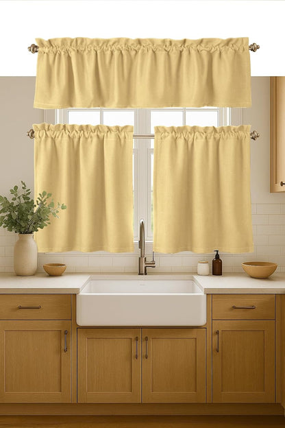 Native Fab 3 Piece Window Curtain Tiers 26"x36" and Valance 54"x18" Set - Rod Pocket - Semi Sheer - Short Curtain for Kitchen, Cafe, Living Room - Pale Yellow