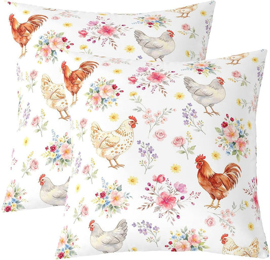 Manfei Chick Pattern Throw Pillow Covers 20"x20" Set of 2 Colorful Flowers Cushion Covers for Living Room Country-Style Decorative Pillowcases Yellow Pinik Soft Pillow Cases