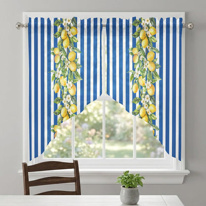 Blue Stripes Lemon Swag Curtains 36 Inch Length 2 Panels Set,Spring Fruit Flowers Leaves Line Semi-Sheer Curtain Drapes Rod Pocket Valance For Kitchen,Living Room,Bedroom,Bathroom Window 56"Wx36"L