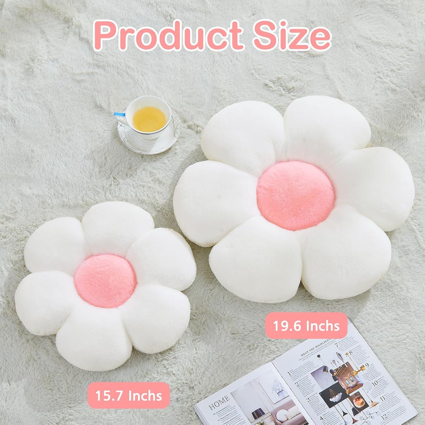 Yellow Flower Pillow, Soft Daisy Shaped Throw Pillows with Faux Rabbit Fur for Home Decorative,Cute Flower Throw Pillow Cushion for Bed Sofa Couch (Small - 15.7 Inch)