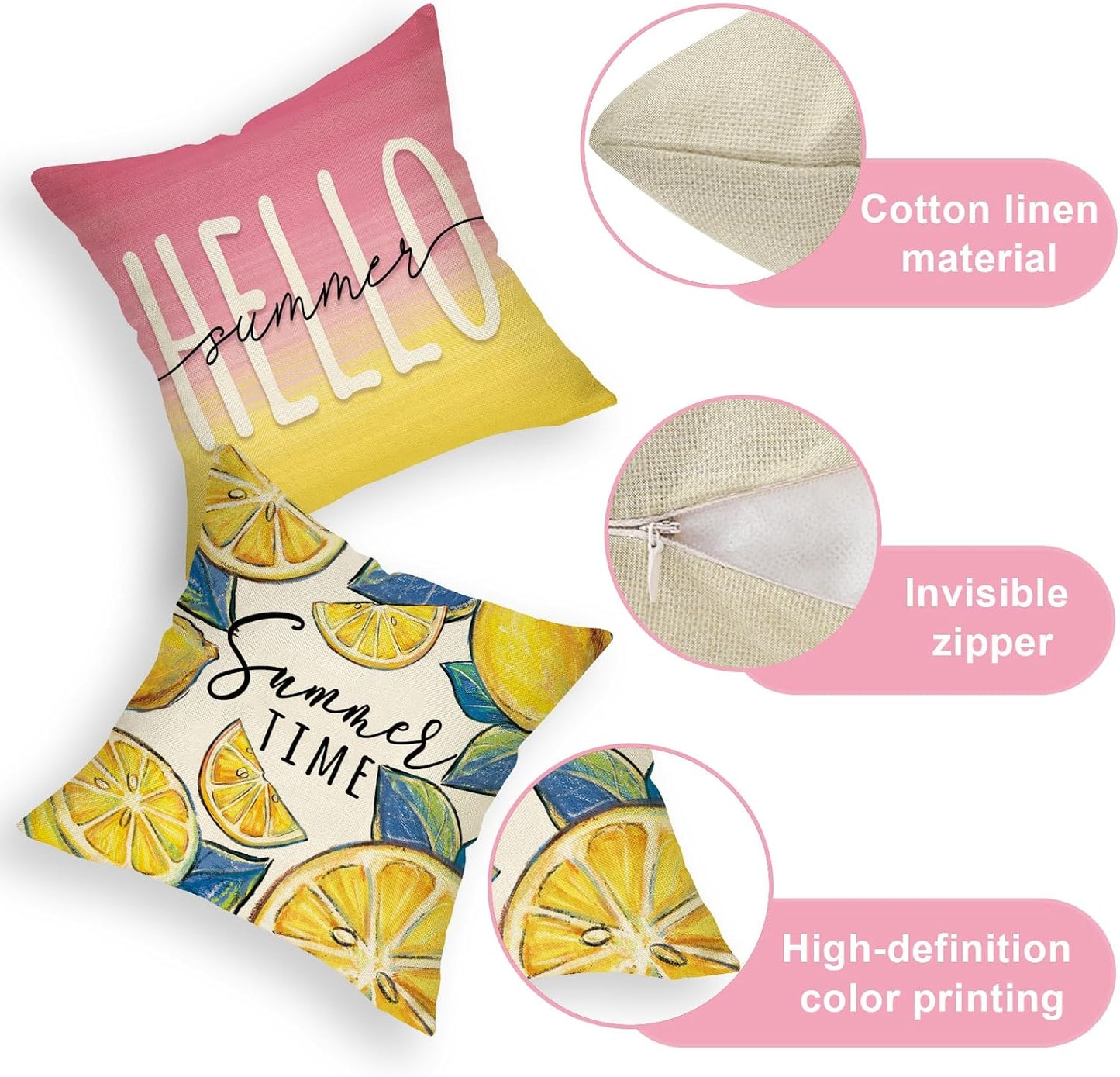 Hello Summer Lemon Decorative Throw Pillow Covers 18 x 18 Set of 4, Summer Vibes Fruit Pink Yellow Cushion Case Decor, Seasonal Home Decoration for Sofa Couch