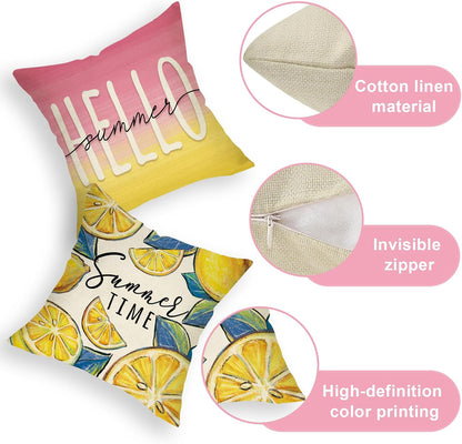Hello Summer Lemon Decorative Throw Pillow Covers 18 x 18 Set of 4, Summer Vibes Fruit Pink Yellow Cushion Case Decor, Seasonal Home Decoration for Sofa Couch