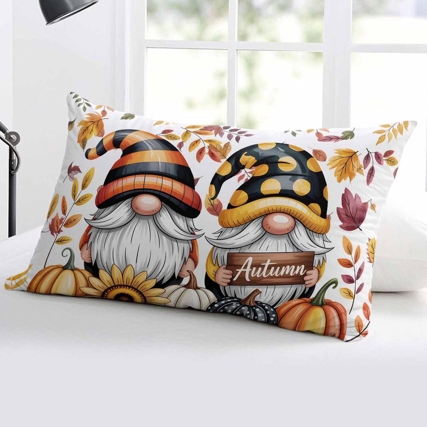 Yellow Orange Gnomes Fall Throw Pillow Cover 12x20,Pumpkins Thanksgiving Leaves Floral Decorative Reversible Pillowcase with Zipper for Sofa Couch Bed,Lightweight Pillow Sham Cushion Case Protectors