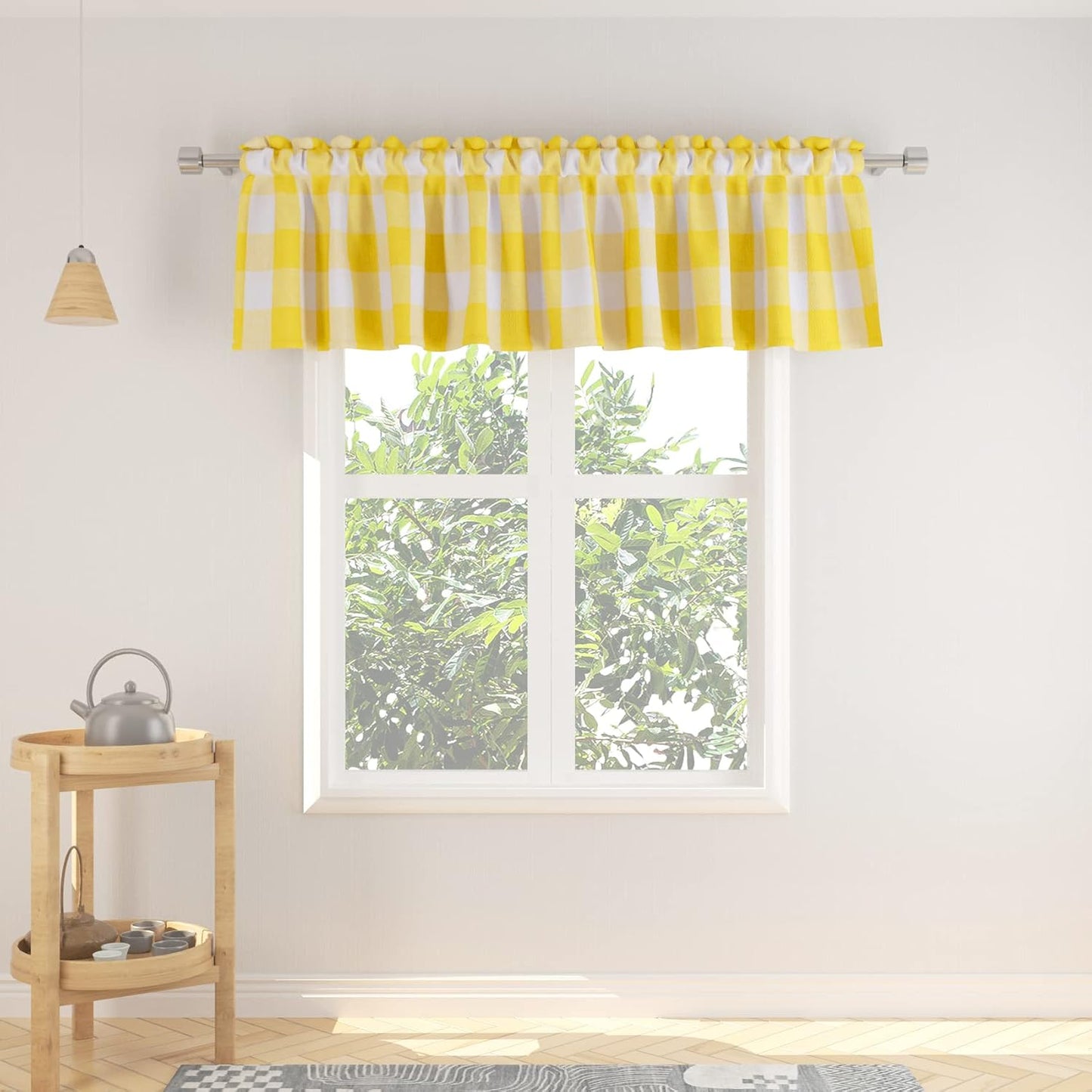 3 Pc Cotton Classic Country Farmhouse Kitchen Window Curtain -Yellow & White Buffalo Check Tier & Valance Set, 54" x 18" / 27" x 36"