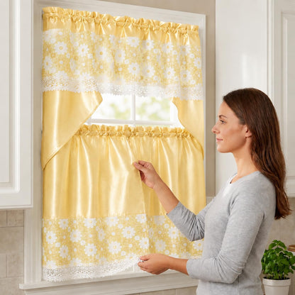 American Linen 3-Piece Floral Daisy Embroidered Curtain Set (Yellow) | 3-piece curtain set with matching valance and tiers. Floral embroidery, sequin accents, semi-sheer light-filtering fabric.
