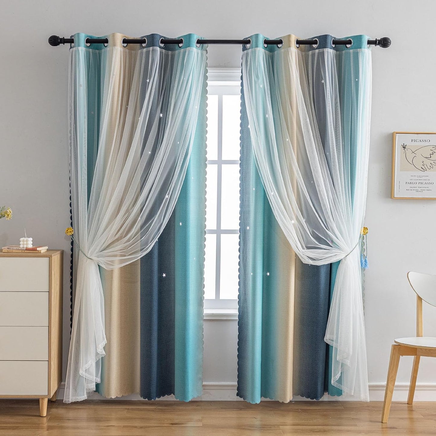 Star Girl and Kids Curtains for Bedroom Rainbow Ombre Double Layer Cute Shot Nursery Darkening Grommet Princess Room Décor 2 Panels Living Room Window Curtain (Yellow-Blue, 52W x 63L)