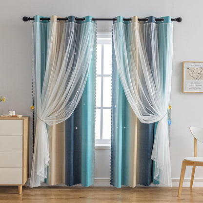 Star Girl and Kids Curtains for Bedroom Rainbow Ombre Double Layer Cute Shot Nursery Darkening Grommet Princess Room Décor 2 Panels Living Room Window Curtain (Yellow-Blue, 52W x 63L)