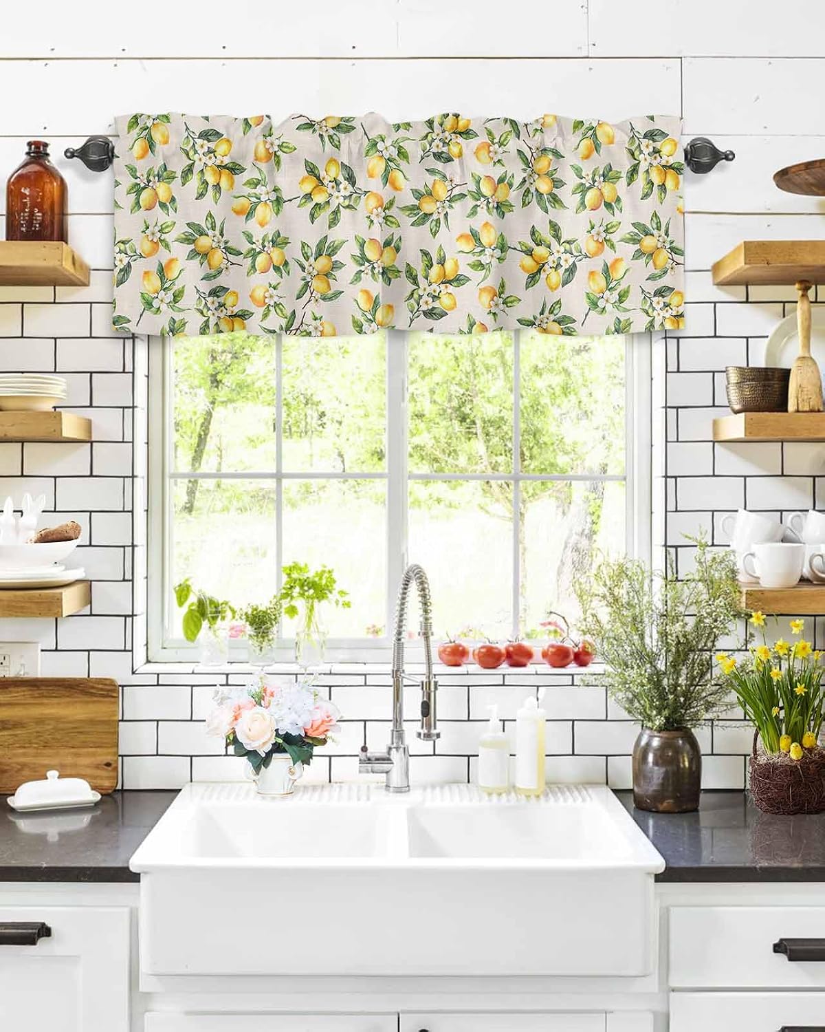 T&H XHome Lemon Valances for Windows Summer Fruit Lemon Flower Plant Linen Vintage Window Treatment Valances Rod Pocket Curtain Valance for Kitchen, Bathroom, Living Room, Bedroom 42" x 18"