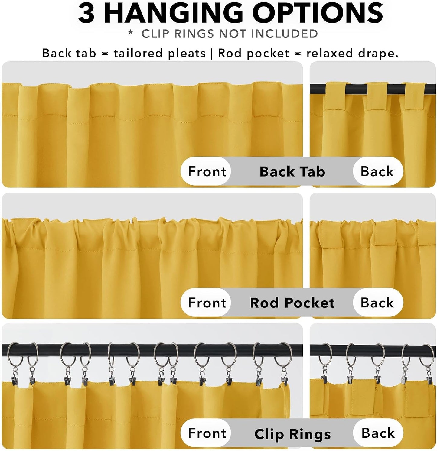 Deconovo Back Tab and Rod Pocket Blackout Curtains for Living Room - 42Wx84L Inch, Mellow Yellow, 2 Panels, Thermal Insulated Light Blocking Curtains