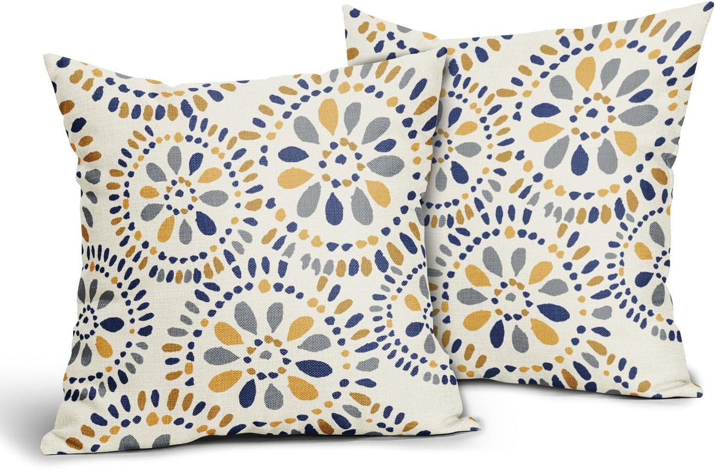 Blue and Yellow Throw Pillow Covers 18x18 Set of 2 Navy Yellow Grey Gray Boho Geometric Flower Pattern Print Decorative Pillowcases Farmhouse Outdoor Square Cushion Cases Decor for Sofa Bed Couch