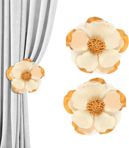 Meplait 2 Pack Flower Curtain Tiebacks & Holdbacks, No Drill Curtain Clips for Sheer Curtains Decorative Curtain Tie Back for Bedroom Nursery Living Room (Yellow Chiffon Camellia)