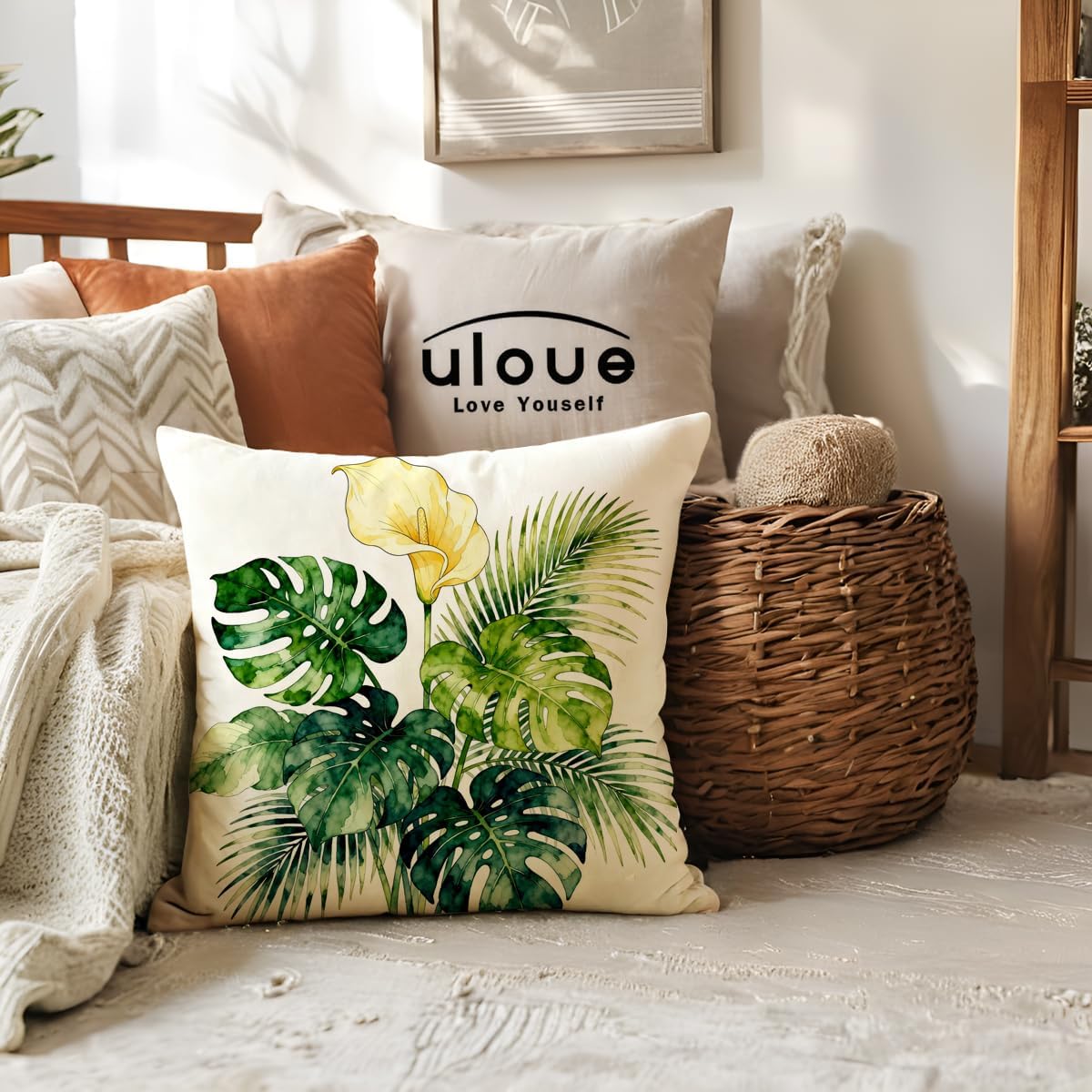 ULOVE LOVE YOURSELF Tropical Greenery Throw Pillow Covers 4Pack, Monstera Palm Floral Farmhouse Summer Decorative Pillowcases 18×18,Boho Botanical Cushion Covers for Porch Patio Decor(Green/Yellow)