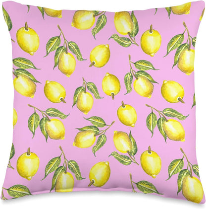 Watercolor Lemon Citrus Fruit Pink Yellow European Summer Throw Pillow