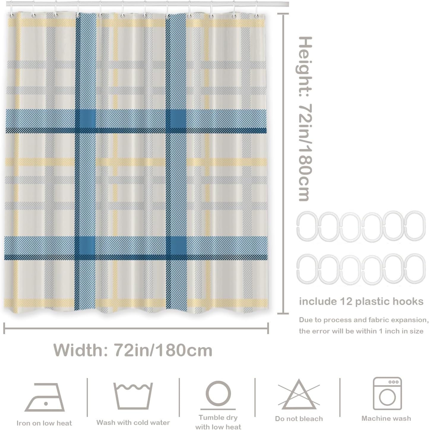 Batmerry Plaid Blue Decor Shower Curtain, Yellow Gingham Check Plaid Pattern Bathroom Decor Polyester Fiber Plastic Rings Quick-Drying Waterproof for Bathtubs/Bathroom, 72X72 Inches