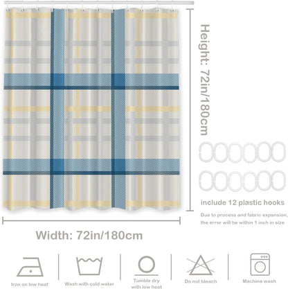 Batmerry Plaid Blue Decor Shower Curtain, Yellow Gingham Check Plaid Pattern Bathroom Decor Polyester Fiber Plastic Rings Quick-Drying Waterproof for Bathtubs/Bathroom, 72X72 Inches