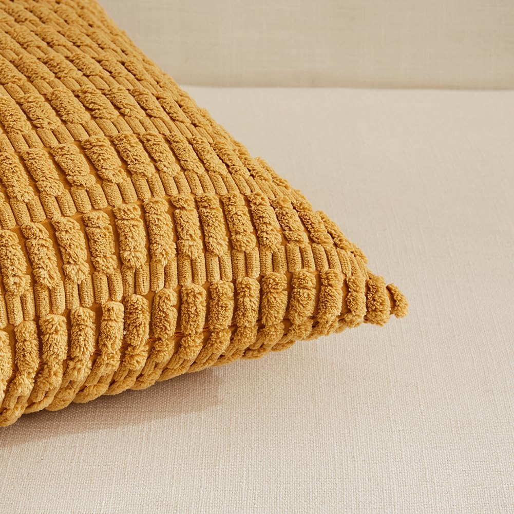 Fancy Homi 2 Packs Mustard Yellow Decorative Throw Pillow Covers 18x18 Inch for Living Room Couch Bed Sofa, Soft Striped Corduroy Square Cushion Case 45x45 cm, Rustic Farmhouse Boho Home Decor