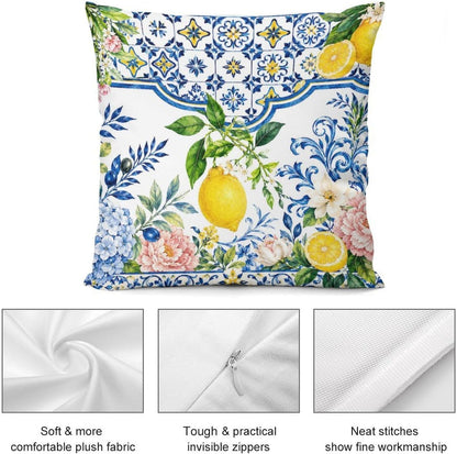 Throw Pillow Covers 18 "x18 Set of 2 - Summer Lemons Blue TilesDecorative Linen Pillow Covers Cushion Cases for Farmhouse Sofa Couch Outdoor Home Decorations
