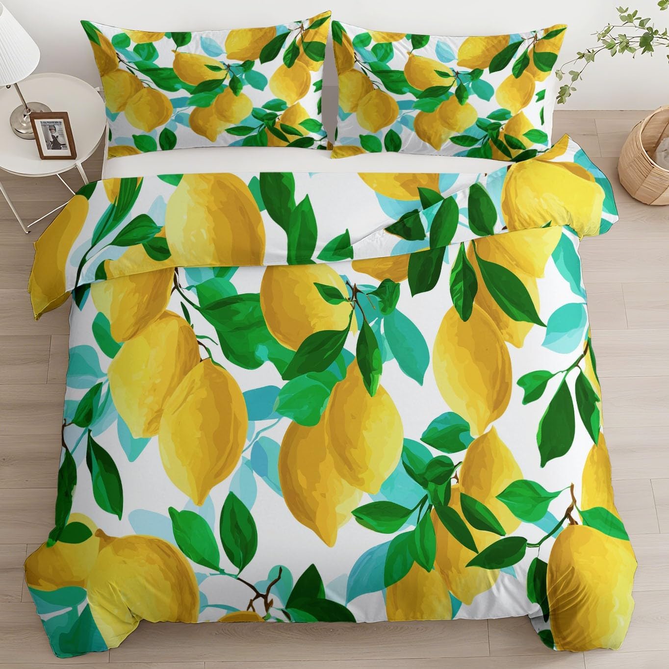 Kids Duvet Cover Set Cartoon Fruit Lemon Leaf Bedding Set for Boys Teens Adults, Yellow Comforter Cover Bedroom Collection 3Pcs Full Size (80 X 90 in)