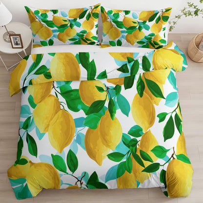 Kids Duvet Cover Set Cartoon Fruit Lemon Leaf Bedding Set for Boys Teens Adults, Yellow Comforter Cover Bedroom Collection 3Pcs Full Size (80 X 90 in)