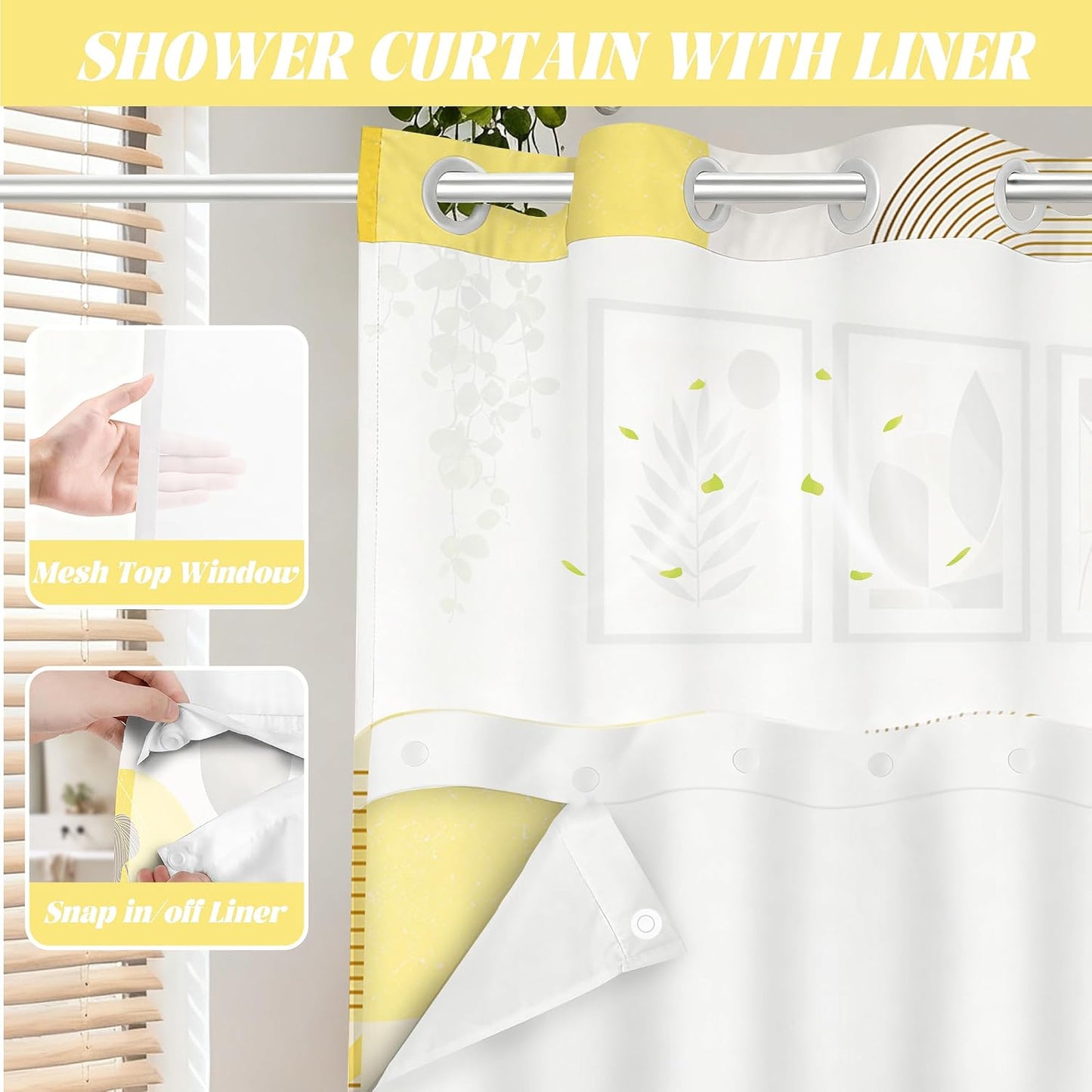 Mustard Yellow and Grey Hookless Shower Curtain with Snap in Liner, Yellow and White No Hook Double Layer Shower Curtain and Liner Set, Waterproof Cloth Fabric, 71" W x 86" L (Pack of 1)