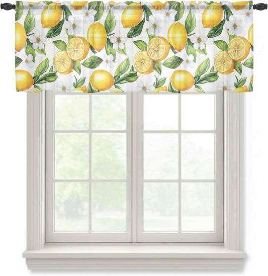 Summer Sheer Curtain 18 Inch Long Lemon Floral Leaves Watercolor Fruit Light Filtering Rod Pocket Voile Curtain Valance for Bedroom Kitchen Cafe Window 54" W x 18" L