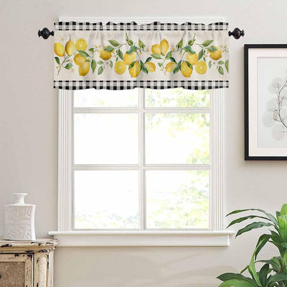 Valances for Window Semi Sheer Valance Light Filtering Small Window Curtains Art Farm Summer Yellow Lemon Black White Plaid Curtain for Living Room Bathroom 60"x18"