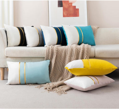 ZLINA Set of 2 Velvet Decorative Throw Pillow Covers Yellow White Patchwork with Gold Leather Pillow Covers 16 × 16 Inch Cushion Covers Decor Living Room Sofa Bedroom Car
