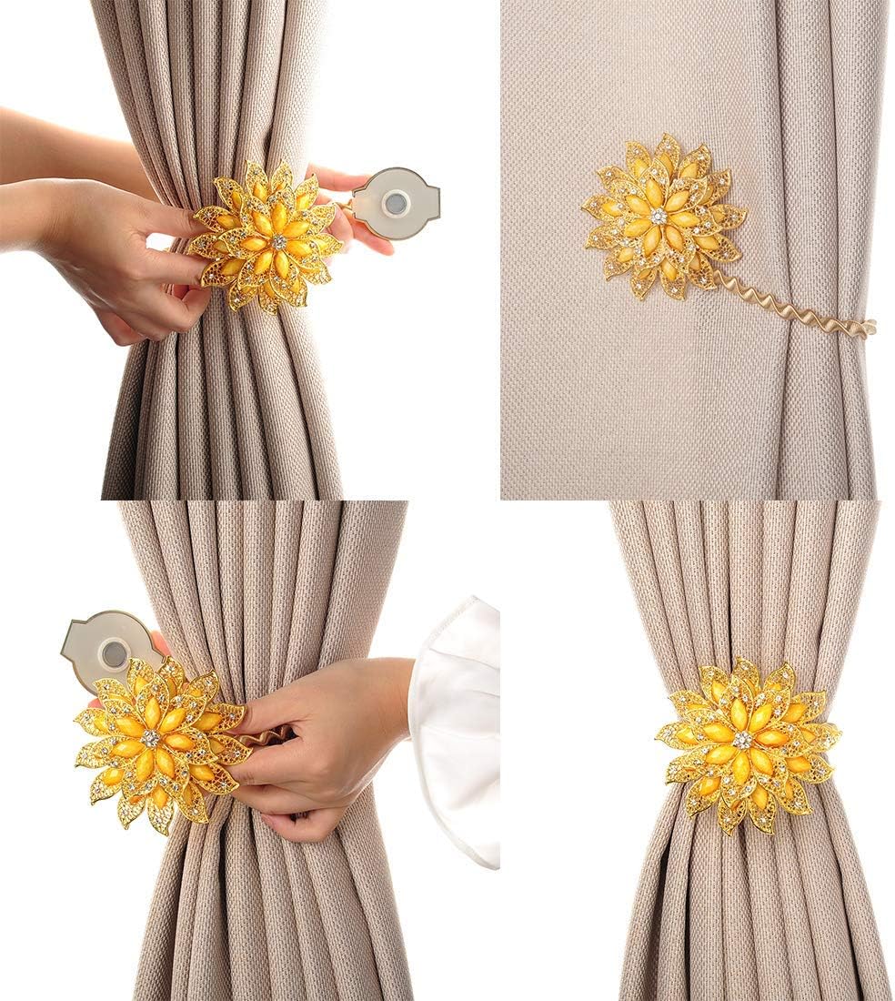 SUQ I OME Classic Luxury Big Crystal Magnetic Curtain Tieback and Holdback Flower Curtain Clips Buckle Curtain Holder Curtain Holdbacks(Gold+Yellow,2PCS)