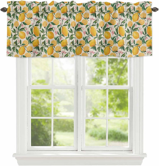 Summer Plant Valances for Windows, Watercolor Yellow Lemon Linen Texture Kitchen Valance Light Filtering Rod Pocket Short Curtains for Kitchen Bathroom, 1 Panel, 42"x18"
