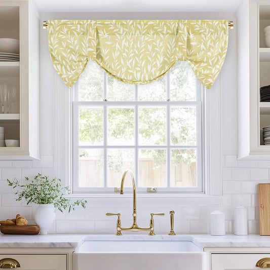 VOGOL Yellow Leaf Print Tie Up Kitchen Valance, 52 x 18, 1 Panel | Linen Textured Fabric, Softens Natural Light, Country Style, Rod Pocket Top, for Dining Room