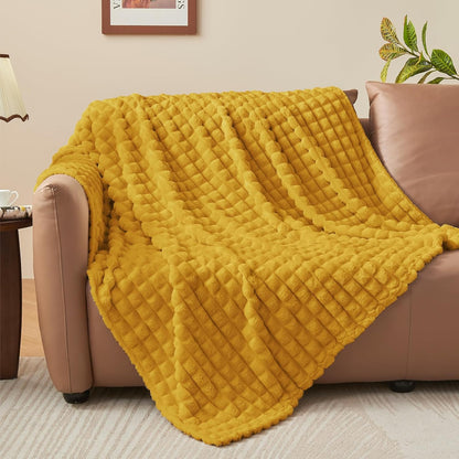 BEDELITE Mustard Yellow Throw Blanket for Couch - Soft Lightweight 3D Checkered Fluffy Fuzzy Fleece Blanket, Luxurious Plush Cozy Summer Blanket for Home Room Decor, Gift for Women, 50"x60"