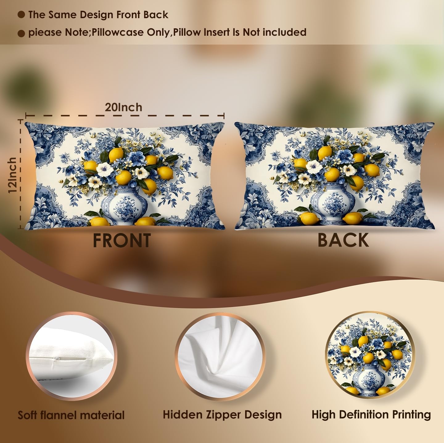 Mediterranean Italian Lemon Lumbar Pillow Covers 12x20 Set of 2, Amalfi Coast Blue and White Floral Bow Yellow Lemon Decorative Throw Pillow Covers Cases for Couch Bed Home Room Bedroom