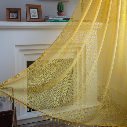 Judy Dre am Boho Hollow Out Curtains 1 Panels,Lace Knitted Curtain with Tassels Rod Pocket Window Treatment Vintage Drapes for Cabinet,Yellow,59" Wx18 L