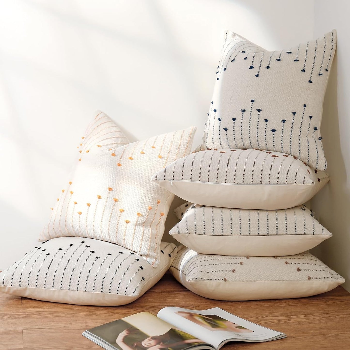 Boho Outdoor Throw Pillow Covers 18x18 Set of 2 Neutral Woven Decorative Pillowcases Cotton Tufted Couch Pillows Farmhouse Cushion Covers for Sofa Couch Bed Living Room Home Decor, Golden Yellow