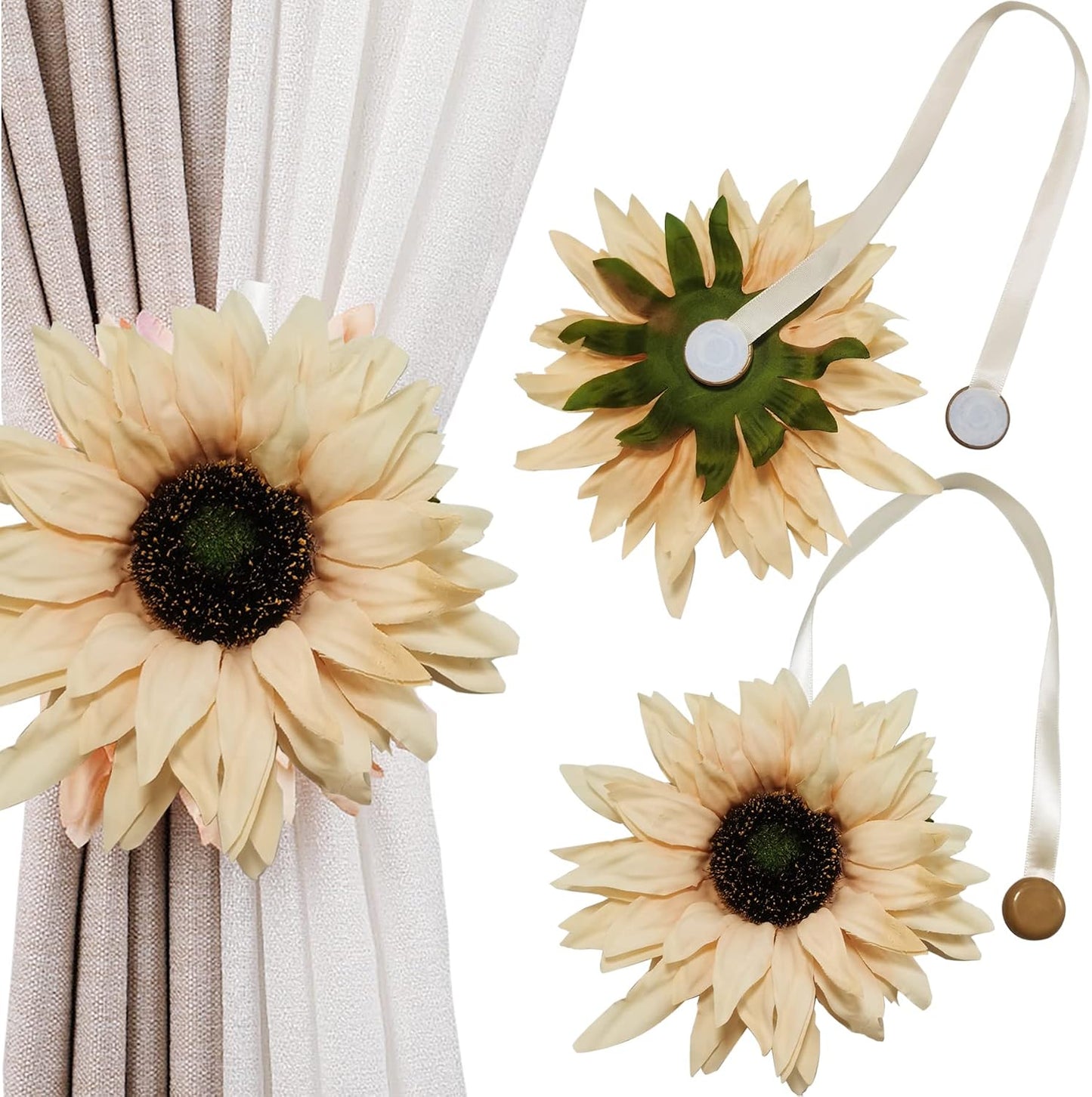 2 Pieces Magnetic Curtain Tieback Large Sunflower Decorative Tie Back Clips Window Drape Magnetic Button Tiebacks Holdbacks Rope for Girl Home Office Bathroom (Light Yellow, 2)
