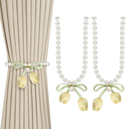 Meplait 2 Pack Magnetic Curtain Tiebacks, Curtain Holdbacks with Tulip Flower & Pearl Adjustable No Drill Curtain Tie Backs for Living Room Bedroom Baby Nursery Home Decor (Yellow)