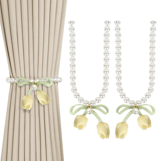 Meplait 2 Pack Magnetic Curtain Tiebacks, Curtain Holdbacks with Tulip Flower & Pearl Adjustable No Drill Curtain Tie Backs for Living Room Bedroom Baby Nursery Home Decor (Yellow)