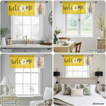 Honey Welcome Sheer Valance Curtains, Yellow Bee Gnome Wings Daisy Farmhouse Linen Light Filtering Kitchen Valances Rod Pocket Voile Curtain Window Treatment for Bedroom/Living Room/Basement 54Wx18L