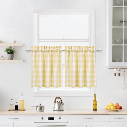 Yellow Buffalo Plaid Cafe Curtains Farmhouse Tiers Kitchen Curtain 24 Inches Long, Gingham Check Rod Pocket Half Window Short Drapes for Kitchens Bathroom, 28" x 24", Yellow/White, Set of 2