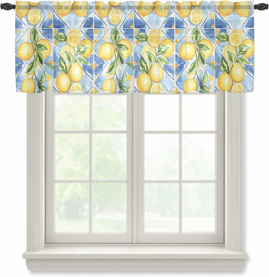 Vintage Yellow Sheer Curtain 18 Inch Long Lemon Green Leaf Blue Geometric Background Light Filtering Rod Pocket Voile Curtain Valance for Bedroom Kitchen Cafe Window 54" W x 18" L